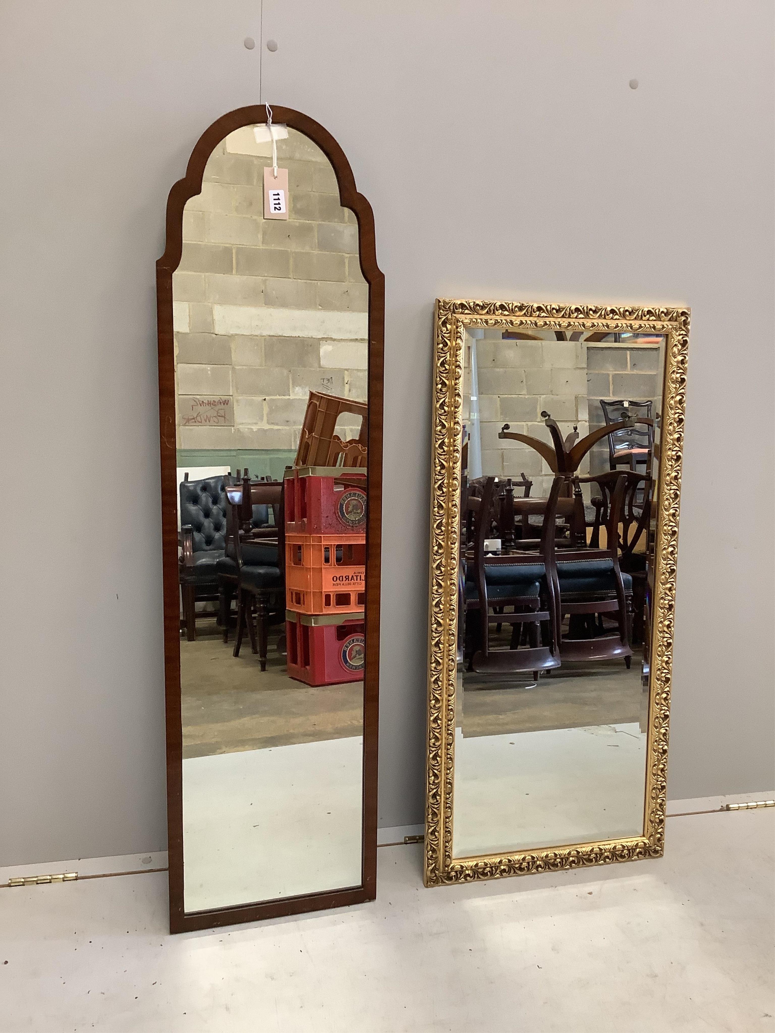 A Queen Anne revival mahogany robing mirror, width 34cm, height 122cm, together with a rectangular gilt composition wall mirror